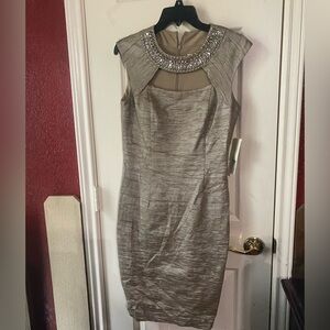 Eliza J Metallic Taupe Sheath Dress with Embellished Collar